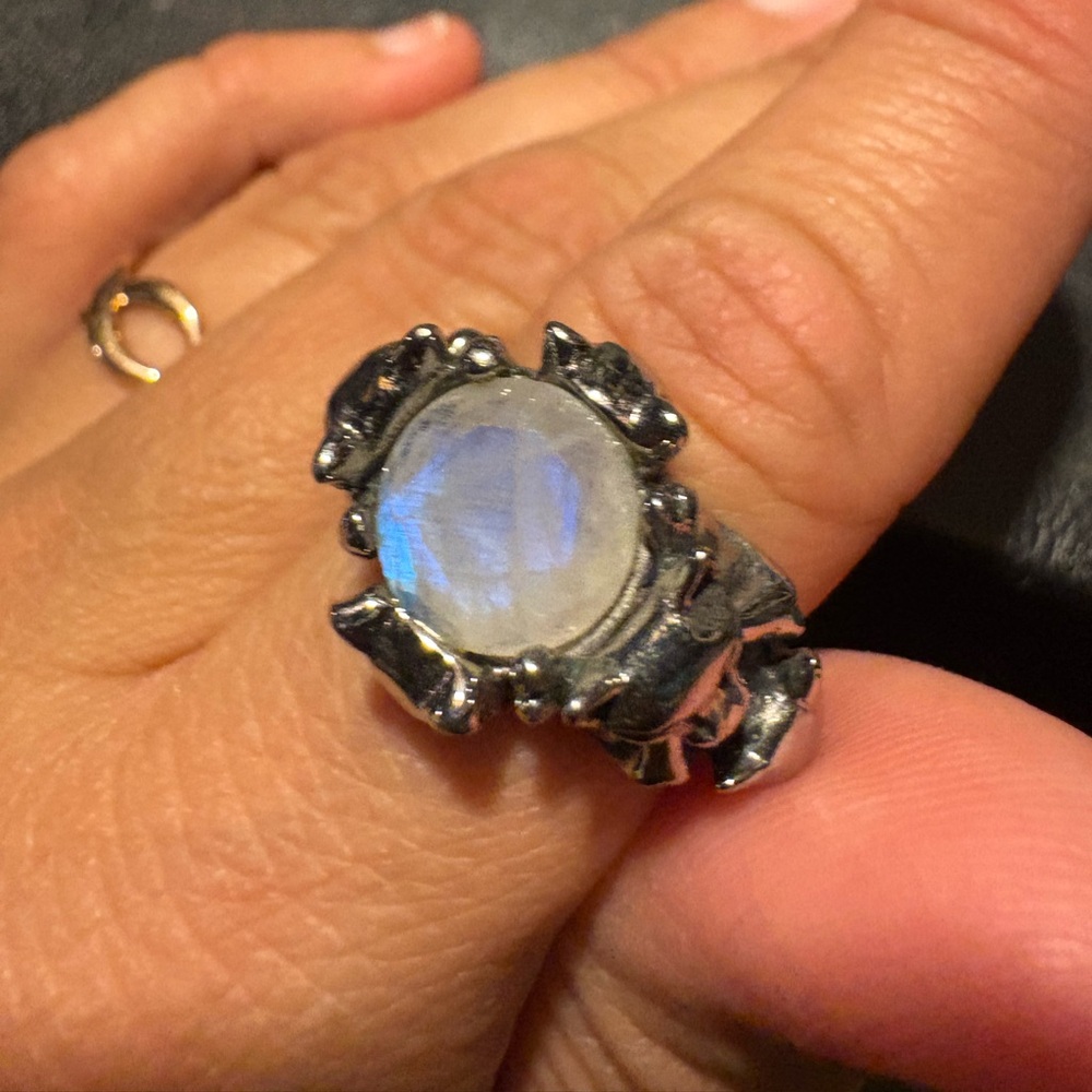 Freyja Crystal Cat Ring in Rainbow Moonstone evil pawn jewelry